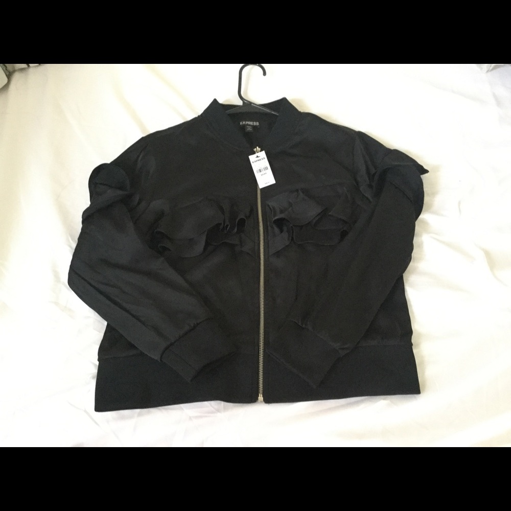 Express Petite Ruffle Bomber Jacket - Picture 2 of 5